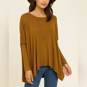 Eileen Fisher High Low Long Sleeve Lagenlook Ribbed Sweatshirt in Mustard